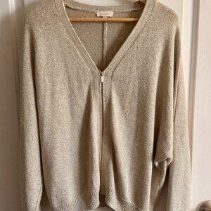 Zip Front Long Doleman Sleeve Cardigan (metallic, gold shimmer)
